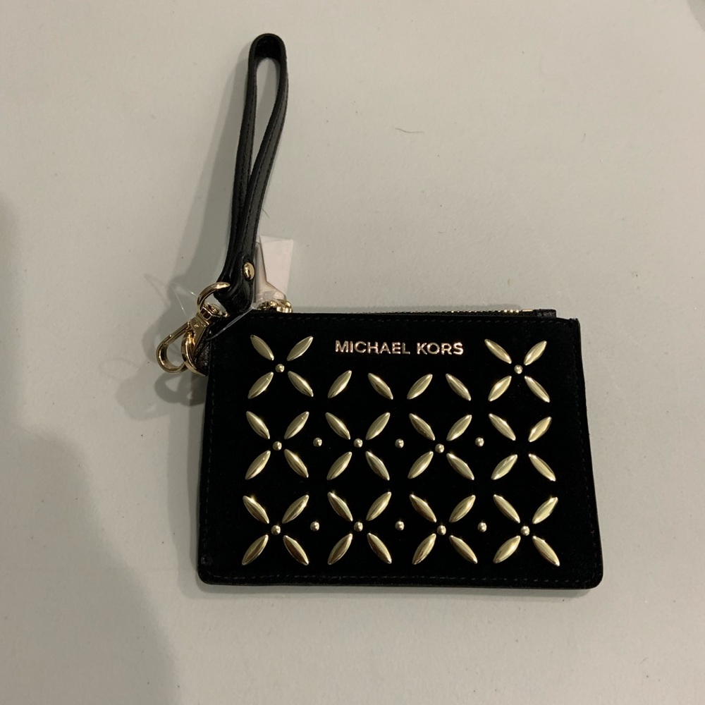 Michael Kors wristlet black suede/gold grommets
